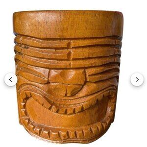 Vintage Hand Carved Wooden Tiki Mug Cup Barware 4" Tall Retro Polynesian Style C